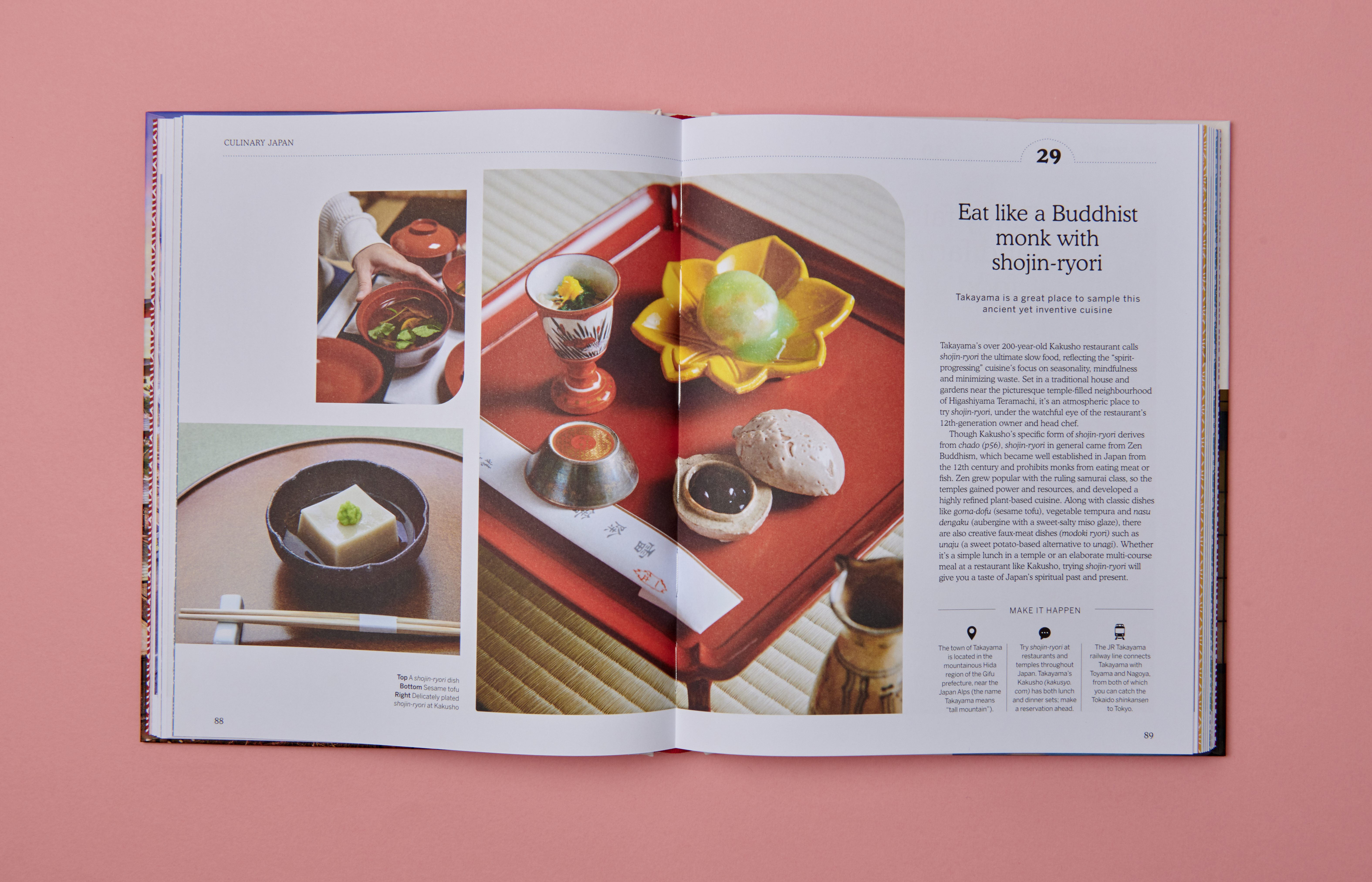 Shojin-ryori spread in DK Ultimate Japan, against a cherry-blossom pink background