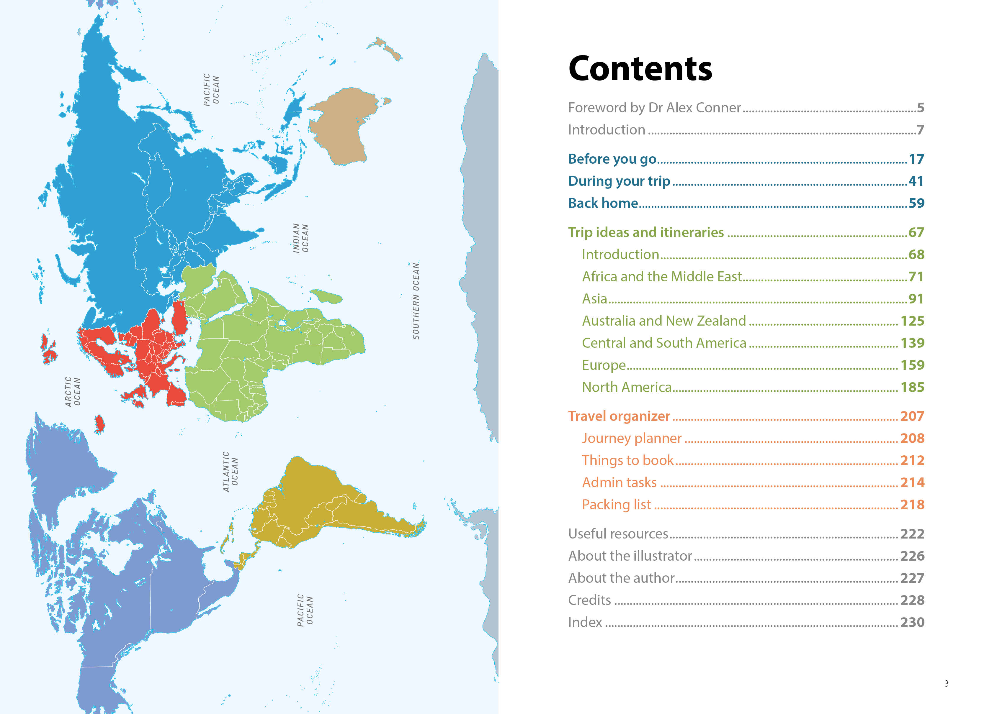 Image of the opening spread from Travelling with ADHD (from Rough Guides' Travel Edit series), showing a world map and contents list.
