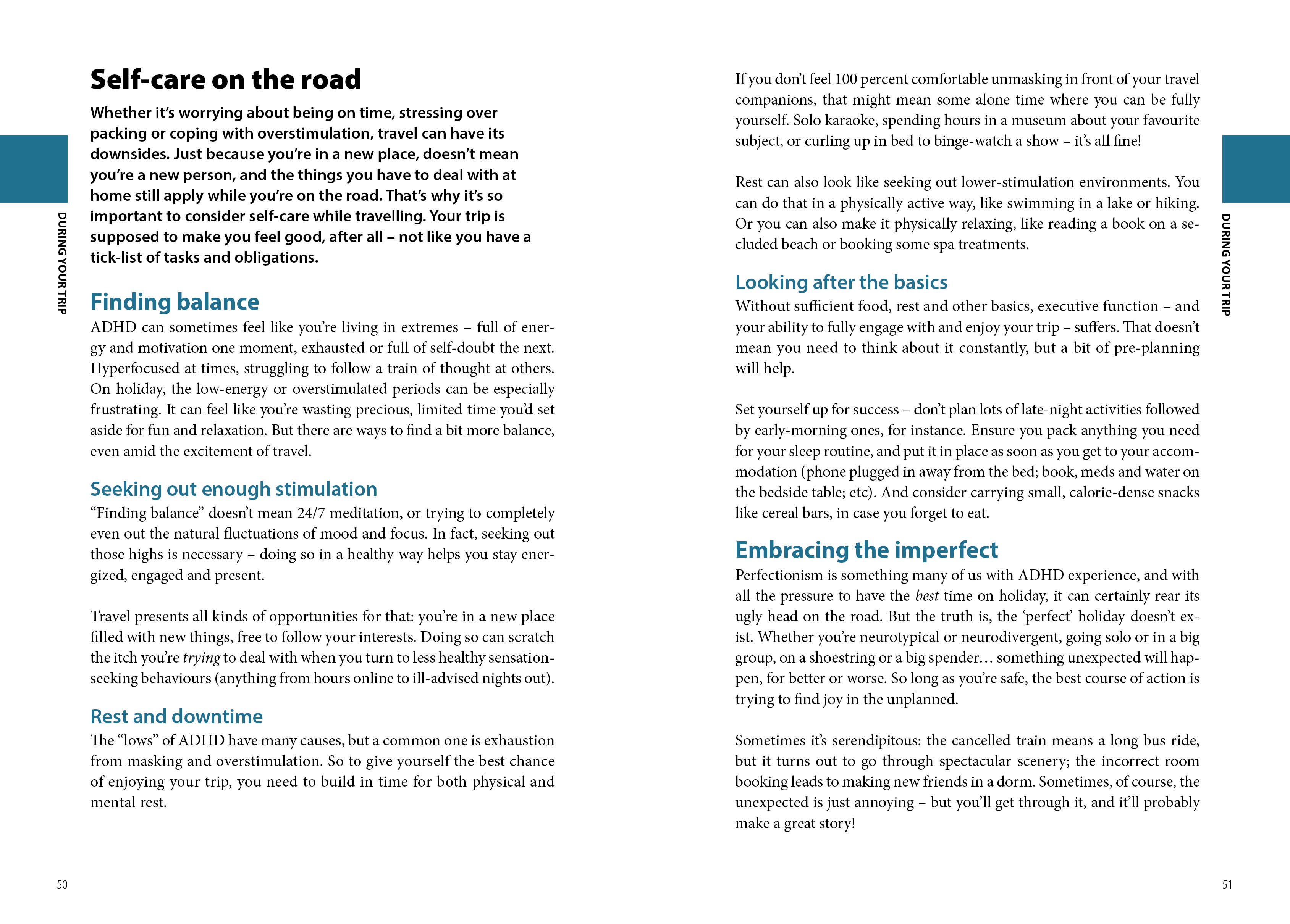 Image of a spread from Travelling with ADHD (from Rough Guides' Travel Edit series), headed "Self-care on the road".